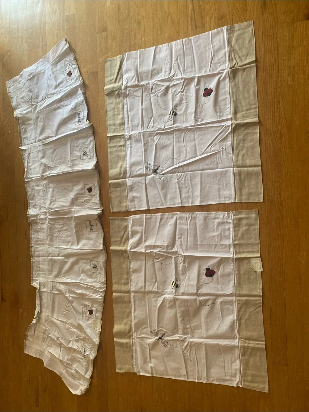 NEW Hand Embroidered Cotton Valance & Tier Set Ladybug Bee Dragonfly Cottage